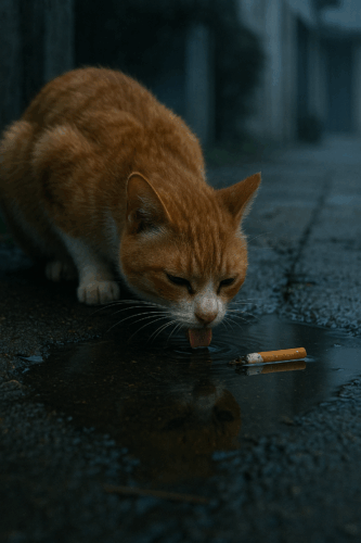 タバコの吸い殻が落ちた水たまりの水を飲むねこ